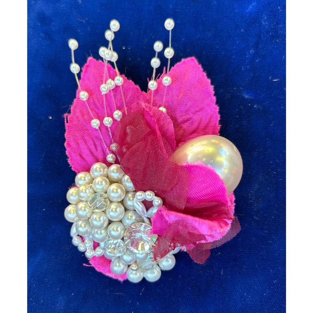 Vintage Pink Fuchsia White Pearl Beads Rhinestone Custom Made Brooch 3.5" x 2.5"